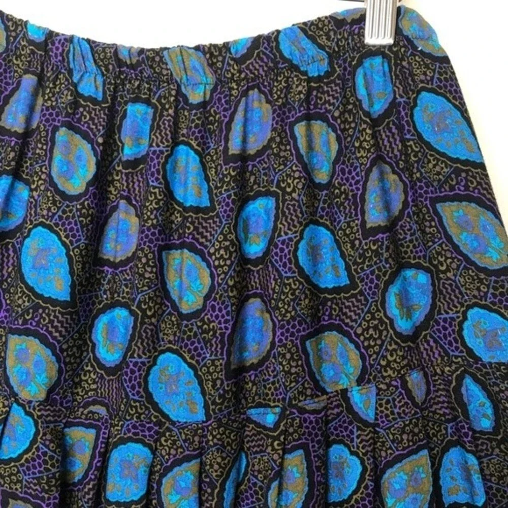 Vintage Queens Plaza Rayon Elastic Waist Drop Yoke Blue Women Midi Skirt Size 20